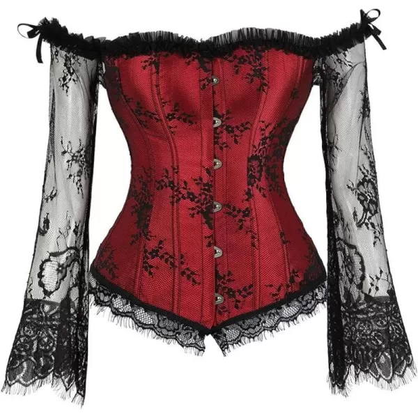 SZIVYSHI Corset Tops for Women with Sleeves Bustier Overbust Lace Up Bodice LingerieRed