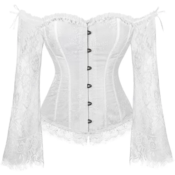 SZIVYSHI Corset Tops for Women with Sleeves Bustier Overbust Lace Up Bodice LingerieWhite
