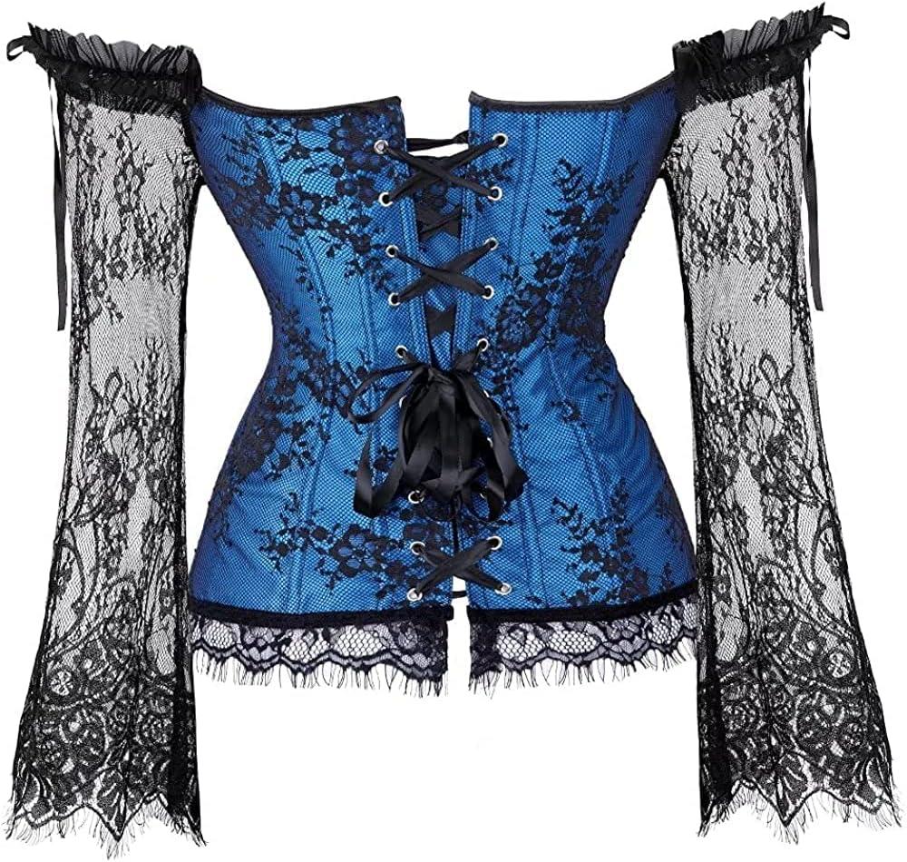 imageSZIVYSHI Corset Tops for Women with Sleeves Bustier Overbust Lace Up Bodice Lingerie Vintage Steampunk Strapless ShirtBlue