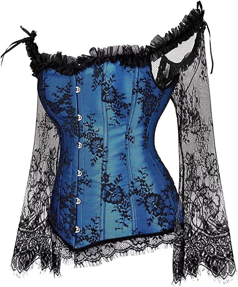 imageSZIVYSHI Corset Tops for Women with Sleeves Bustier Overbust Lace Up Bodice Lingerie Vintage Steampunk Strapless ShirtBlue