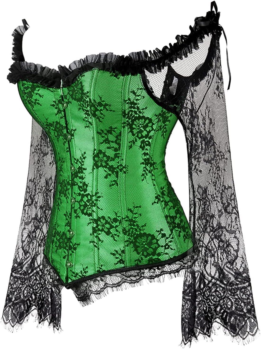 imageSZIVYSHI Corset Tops for Women with Sleeves Bustier Overbust Lace Up Bodice Lingerie Vintage Steampunk Strapless ShirtGreen