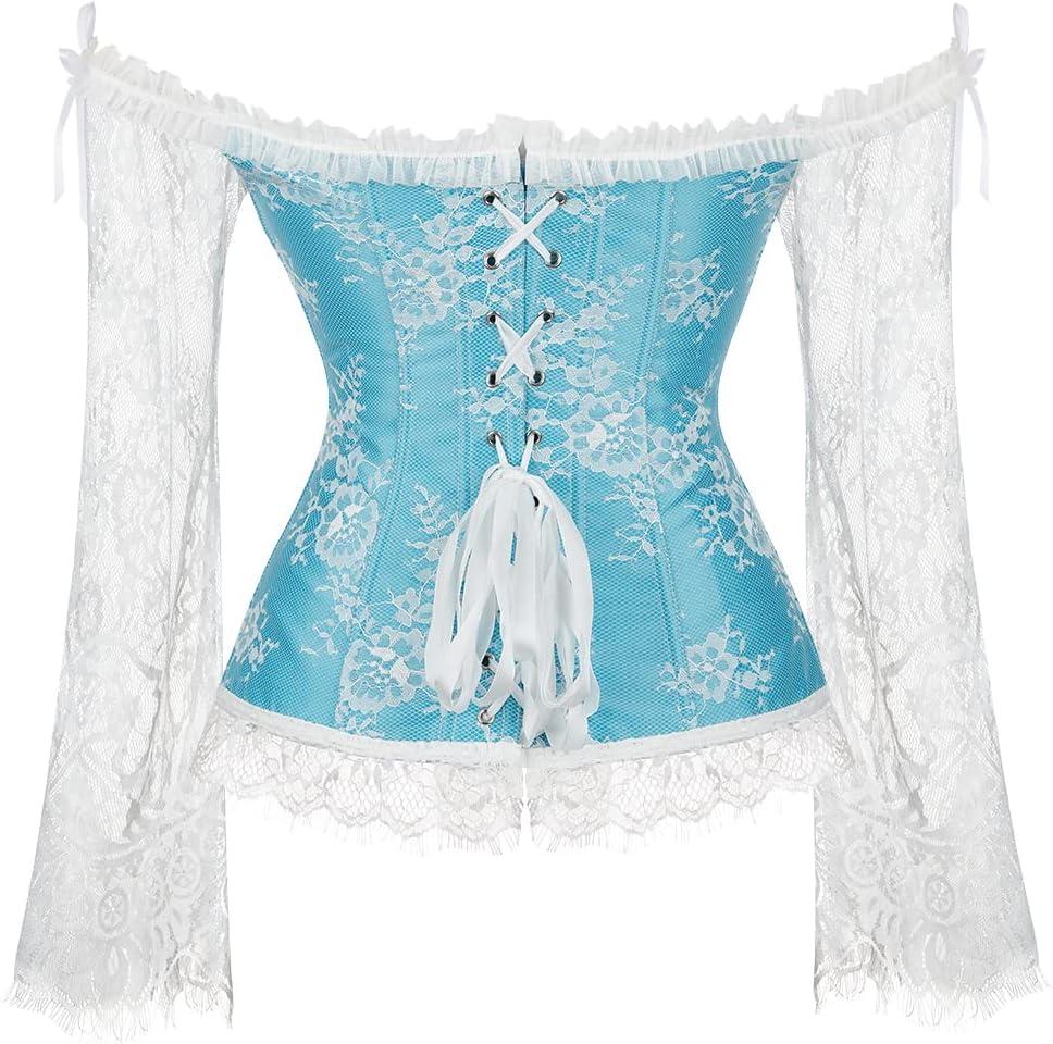 imageSZIVYSHI Corset Tops for Women with Sleeves Bustier Overbust Lace Up Bodice Lingerie Vintage Steampunk Strapless ShirtLight Blue