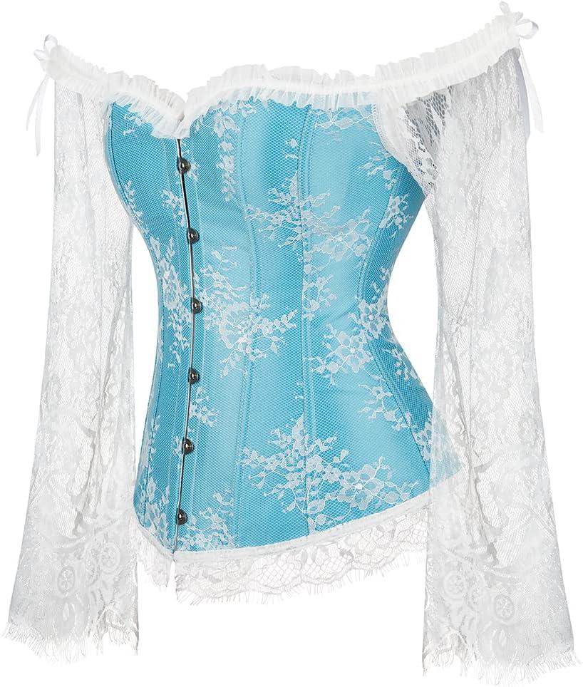 imageSZIVYSHI Corset Tops for Women with Sleeves Bustier Overbust Lace Up Bodice Lingerie Vintage Steampunk Strapless ShirtLight Blue