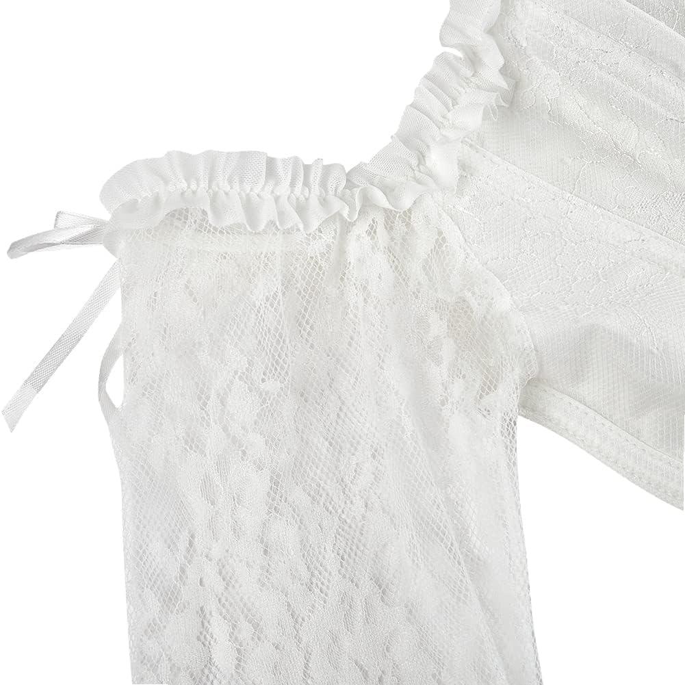 imageSZIVYSHI Corset Tops for Women with Sleeves Bustier Overbust Lace Up Bodice Lingerie Vintage Steampunk Strapless ShirtWhite