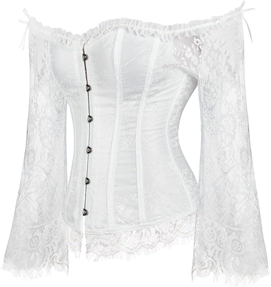 imageSZIVYSHI Corset Tops for Women with Sleeves Bustier Overbust Lace Up Bodice Lingerie Vintage Steampunk Strapless ShirtWhite