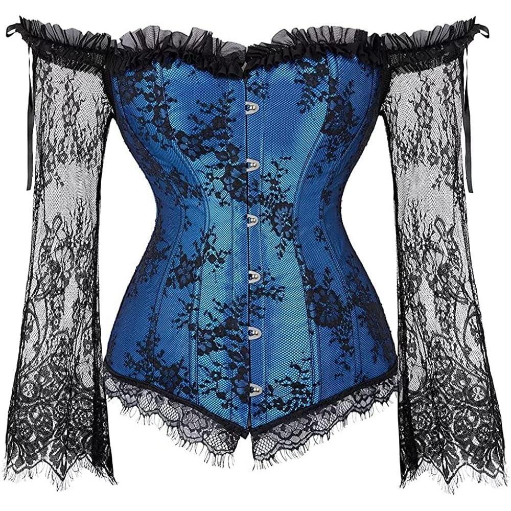 imageSZIVYSHI Corset Tops for Women with Sleeves Bustier Overbust Lace Up Bodice Lingerie Vintage Steampunk Strapless ShirtBlue