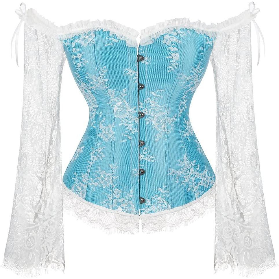 imageSZIVYSHI Corset Tops for Women with Sleeves Bustier Overbust Lace Up Bodice Lingerie Vintage Steampunk Strapless ShirtLight Blue