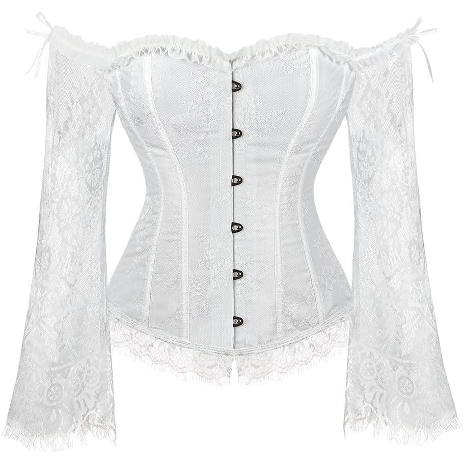 imageSZIVYSHI Corset Tops for Women with Sleeves Bustier Overbust Lace Up Bodice Lingerie Vintage Steampunk Strapless ShirtWhite