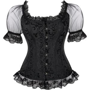 imageSZIVYSHI Corset Tops for Women with Sleeves  Steel Bones Bustier Overbust Lace Up Bodice LingerieBlack