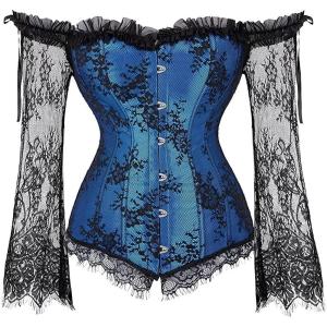 imageSZIVYSHI Corset Tops for Women with Sleeves Bustier Overbust Lace Up Bodice Lingerie Vintage Steampunk Strapless ShirtBlue