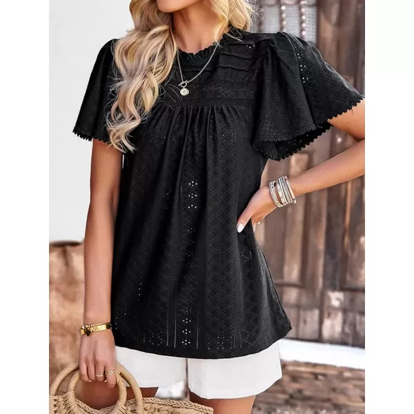 2023 Summer Flare Short Sleeve Shirts for Women Loose Fit Eyelet T Shirt Ruffle Neck Tunic Blouse Hollow Out Work TopsBlack