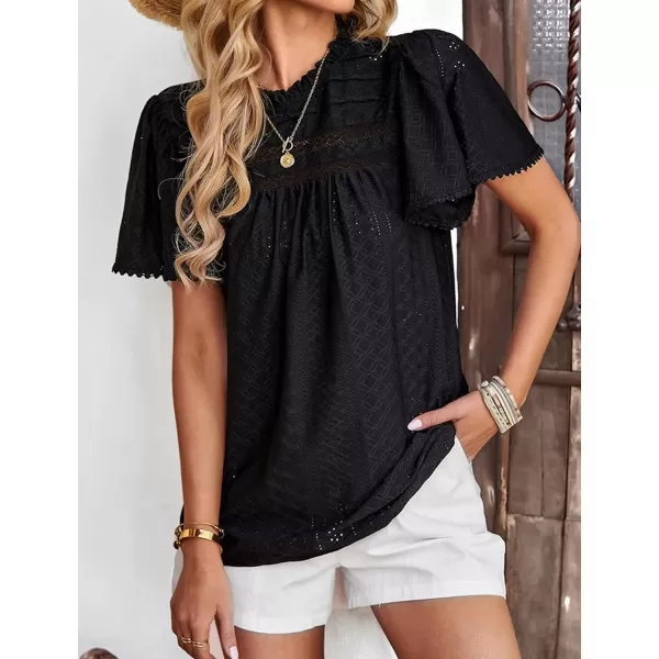 2023 Summer Flare Short Sleeve Shirts for Women Loose Fit Eyelet T Shirt Ruffle Neck Tunic Blouse Hollow Out Work TopsBlack