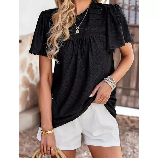 2023 Summer Flare Short Sleeve Shirts for Women Loose Fit Eyelet T Shirt Ruffle Neck Tunic Blouse Hollow Out Work TopsBlack