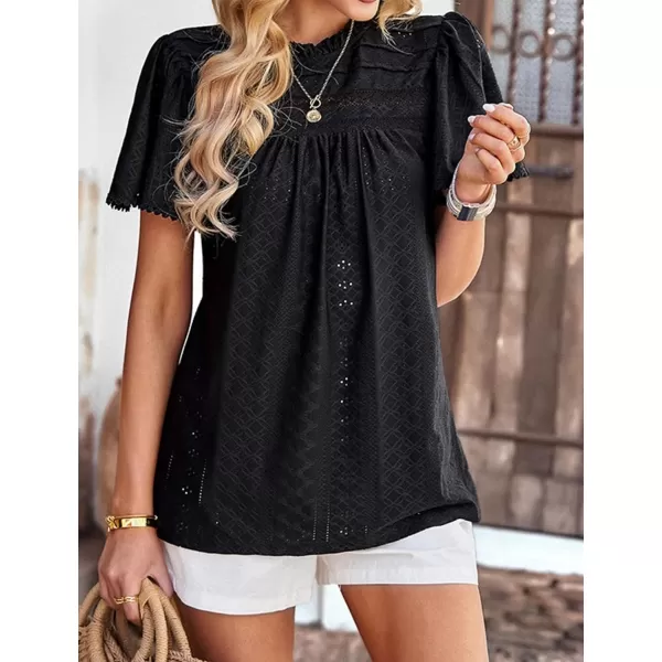 2023 Summer Flare Short Sleeve Shirts for Women Loose Fit Eyelet T Shirt Ruffle Neck Tunic Blouse Hollow Out Work TopsBlack