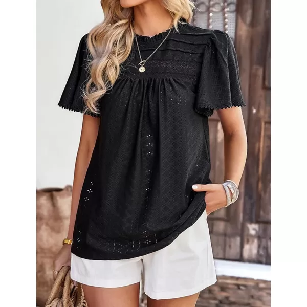 2023 Summer Flare Short Sleeve Shirts for Women Loose Fit Eyelet T Shirt Ruffle Neck Tunic Blouse Hollow Out Work TopsBlack