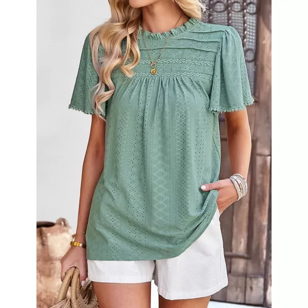 2023 Summer Flare Short Sleeve Shirts for Women Loose Fit Eyelet T Shirt Ruffle Neck Tunic Blouse Hollow Out Work TopsGreen