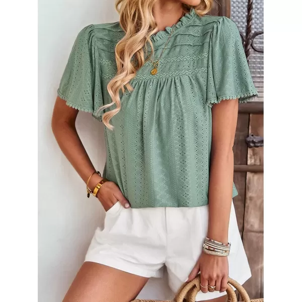 2023 Summer Flare Short Sleeve Shirts for Women Loose Fit Eyelet T Shirt Ruffle Neck Tunic Blouse Hollow Out Work TopsGreen