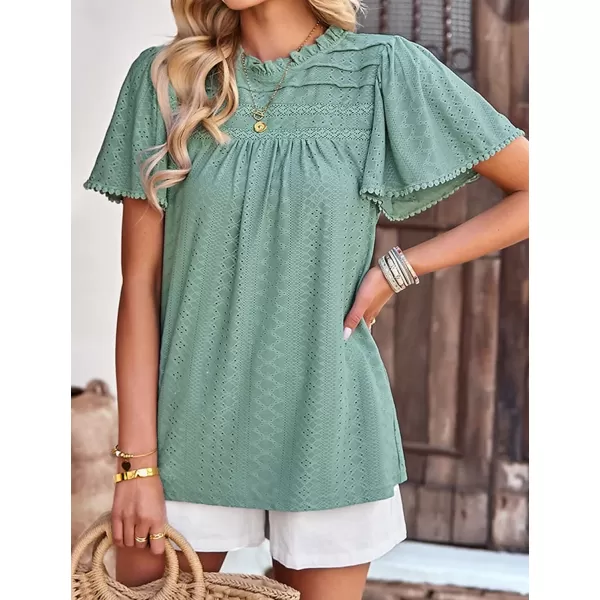 2023 Summer Flare Short Sleeve Shirts for Women Loose Fit Eyelet T Shirt Ruffle Neck Tunic Blouse Hollow Out Work TopsGreen