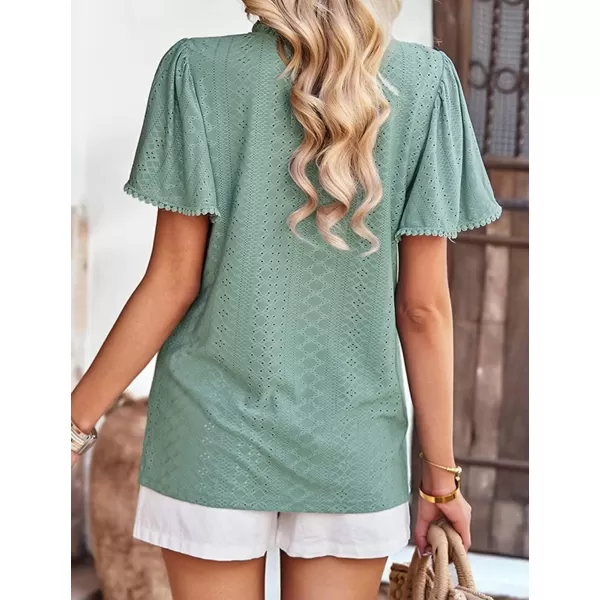 2023 Summer Flare Short Sleeve Shirts for Women Loose Fit Eyelet T Shirt Ruffle Neck Tunic Blouse Hollow Out Work TopsGreen