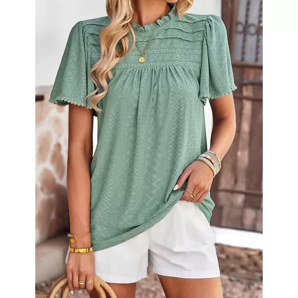 2023 Summer Flare Short Sleeve Shirts for Women Loose Fit Eyelet T Shirt Ruffle Neck Tunic Blouse Hollow Out Work TopsGreen