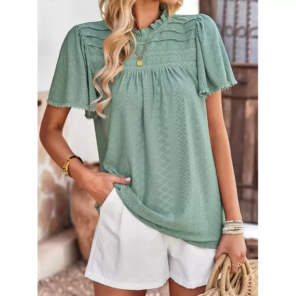 2023 Summer Flare Short Sleeve Shirts for Women Loose Fit Eyelet T Shirt Ruffle Neck Tunic Blouse Hollow Out Work TopsGreen