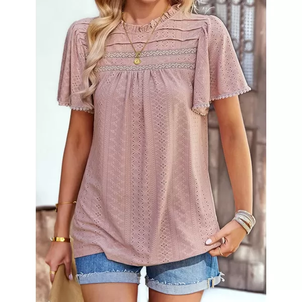 2023 Summer Flare Short Sleeve Shirts for Women Loose Fit Eyelet T Shirt Ruffle Neck Tunic Blouse Hollow Out Work TopsPink