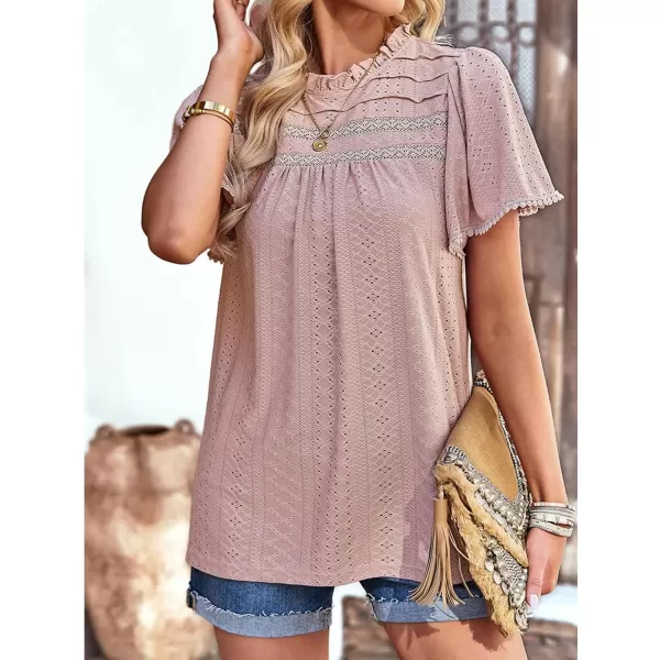 2023 Summer Flare Short Sleeve Shirts for Women Loose Fit Eyelet T Shirt Ruffle Neck Tunic Blouse Hollow Out Work TopsPink