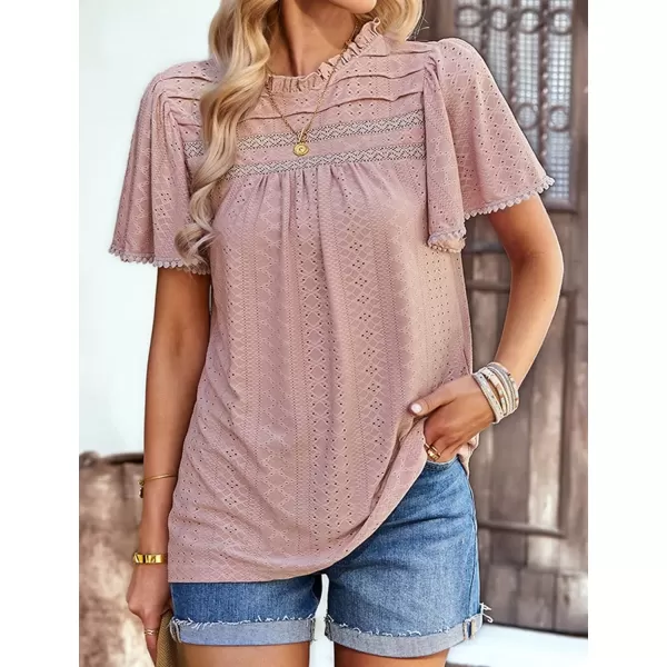 2023 Summer Flare Short Sleeve Shirts for Women Loose Fit Eyelet T Shirt Ruffle Neck Tunic Blouse Hollow Out Work TopsPink