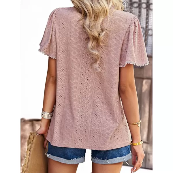 2023 Summer Flare Short Sleeve Shirts for Women Loose Fit Eyelet T Shirt Ruffle Neck Tunic Blouse Hollow Out Work TopsPink