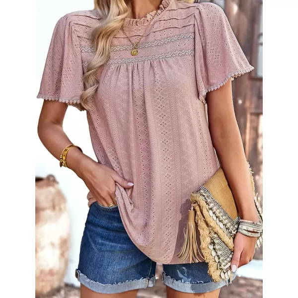 2023 Summer Flare Short Sleeve Shirts for Women Loose Fit Eyelet T Shirt Ruffle Neck Tunic Blouse Hollow Out Work TopsPink