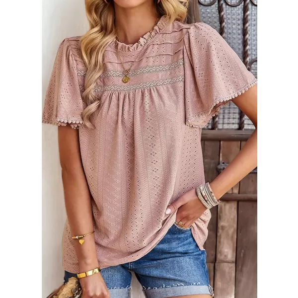 2023 Summer Flare Short Sleeve Shirts for Women Loose Fit Eyelet T Shirt Ruffle Neck Tunic Blouse Hollow Out Work TopsPink