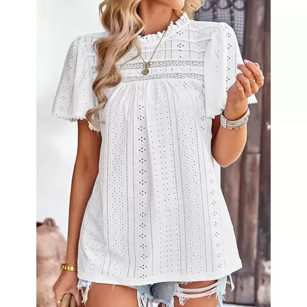 2023 Summer Flare Short Sleeve Shirts for Women Loose Fit Eyelet T Shirt Ruffle Neck Tunic Blouse Hollow Out Work TopsWhite