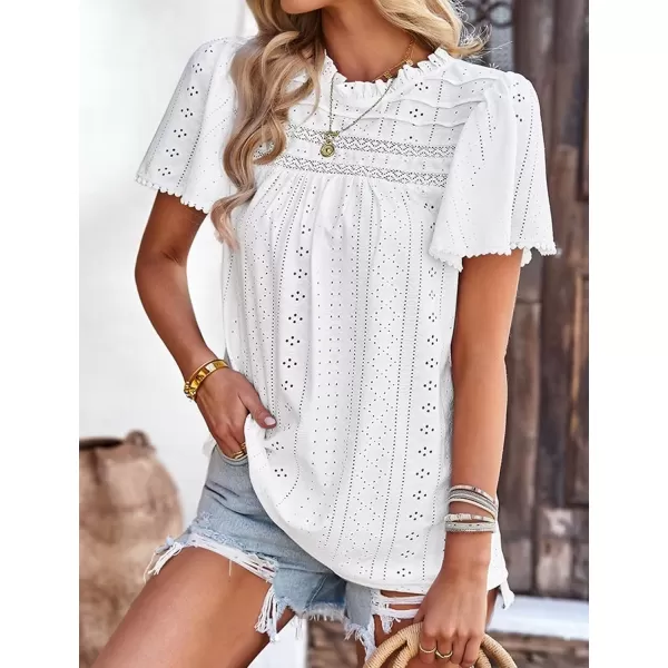 2023 Summer Flare Short Sleeve Shirts for Women Loose Fit Eyelet T Shirt Ruffle Neck Tunic Blouse Hollow Out Work TopsWhite