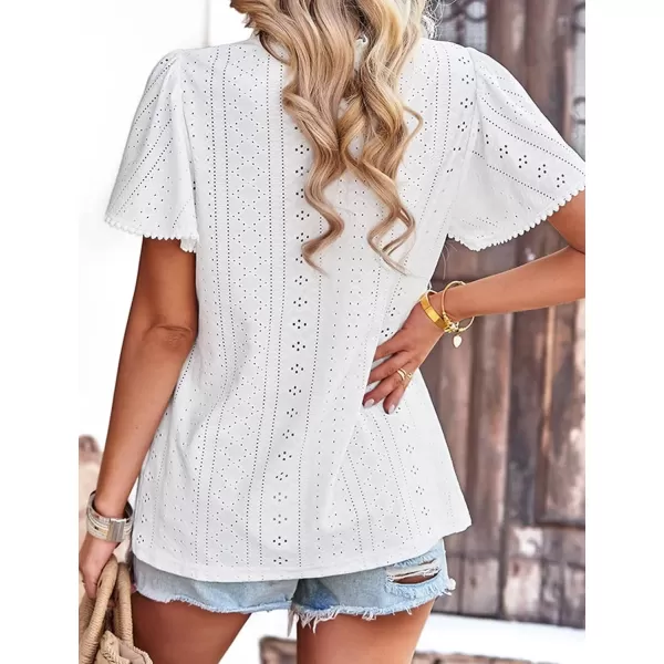 2023 Summer Flare Short Sleeve Shirts for Women Loose Fit Eyelet T Shirt Ruffle Neck Tunic Blouse Hollow Out Work TopsWhite