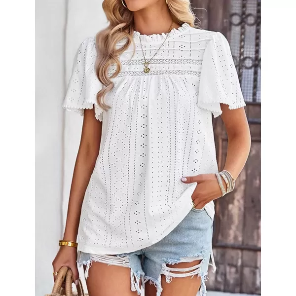 2023 Summer Flare Short Sleeve Shirts for Women Loose Fit Eyelet T Shirt Ruffle Neck Tunic Blouse Hollow Out Work TopsWhite