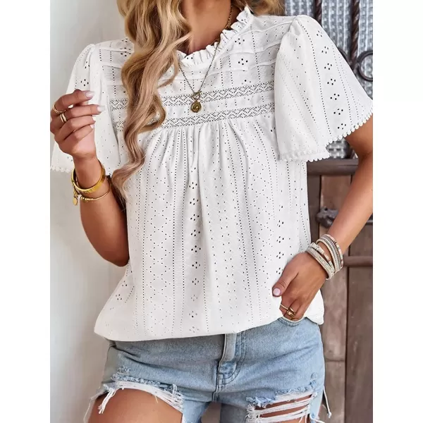 2023 Summer Flare Short Sleeve Shirts for Women Loose Fit Eyelet T Shirt Ruffle Neck Tunic Blouse Hollow Out Work TopsWhite