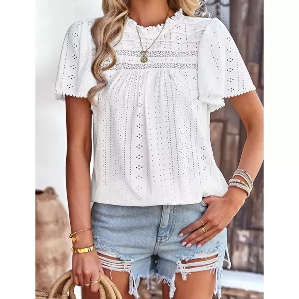 2023 Summer Flare Short Sleeve Shirts for Women Loose Fit Eyelet T Shirt Ruffle Neck Tunic Blouse Hollow Out Work TopsWhite