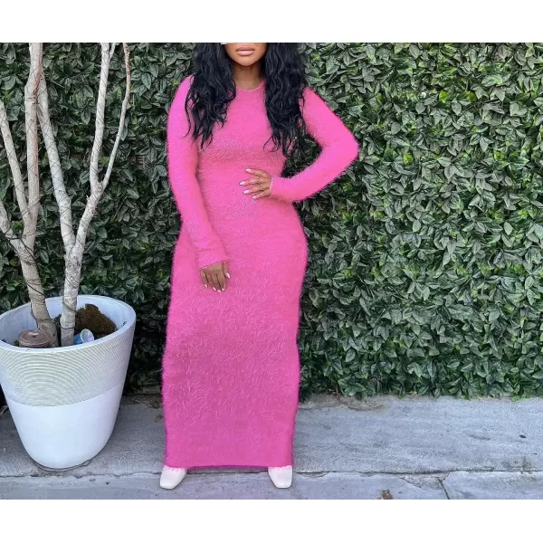 IyMoo Bodycon Dresses for Women Casual Long Sleeve Feather Fleece Solid Cocktail Party Club Long Midi Dress ClubwearA1 Pink