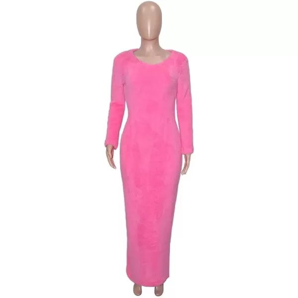 IyMoo Bodycon Dresses for Women Casual Long Sleeve Feather Fleece Solid Cocktail Party Club Long Midi Dress ClubwearA1 Pink