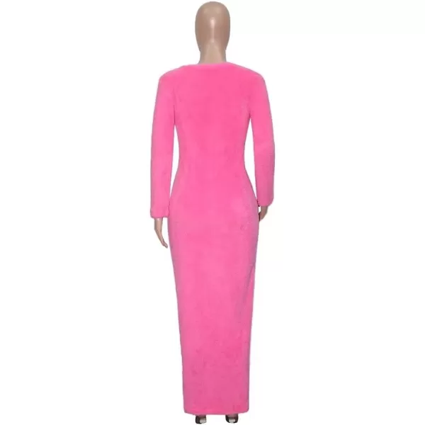 IyMoo Bodycon Dresses for Women Casual Long Sleeve Feather Fleece Solid Cocktail Party Club Long Midi Dress ClubwearA1 Pink