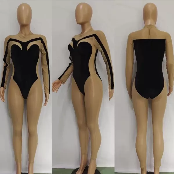 IyMoo Bodycon Jumpsuits for Women Clubwear  Sexy Long Sleeve Velvet Patchwork Mesh Sheer Bodycon One Piece Romper CatsuitRed