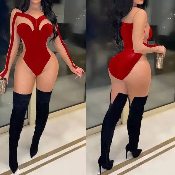 IyMoo Bodycon Jumpsuits for Women Clubwear  Sexy Long Sleeve Velvet Patchwork Mesh Sheer Bodycon One Piece Romper CatsuitRed