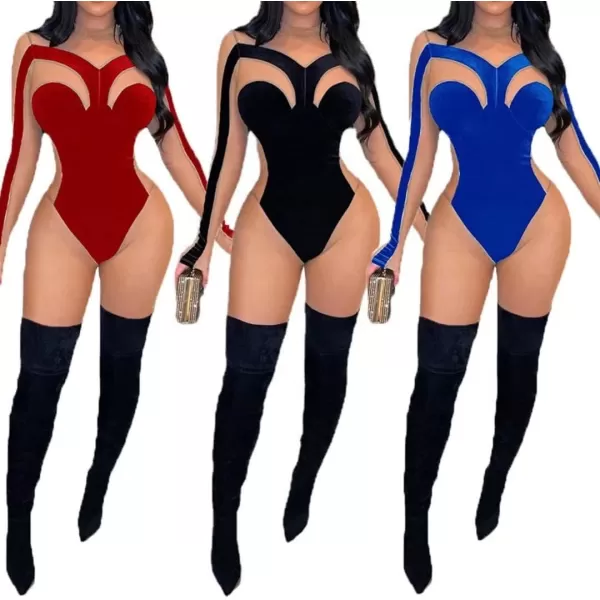 IyMoo Bodycon Jumpsuits for Women Clubwear  Sexy Long Sleeve Velvet Patchwork Mesh Sheer Bodycon One Piece Romper CatsuitRed