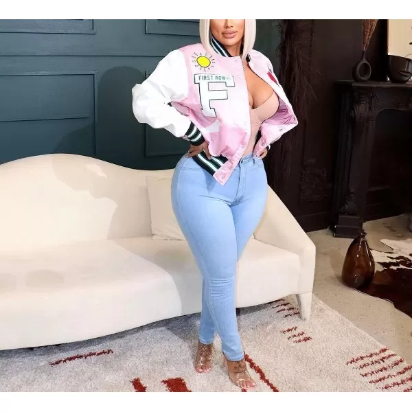 IyMoo Bomber Jackets for Women Long Sleeve Casual Button Down Cropped Baseball Jacket with Pockets Clubwear S2XLA1 Pink