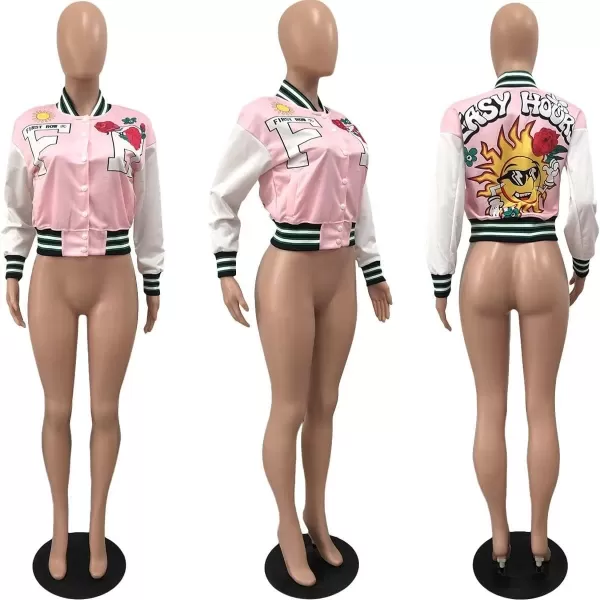 IyMoo Bomber Jackets for Women Long Sleeve Casual Button Down Cropped Baseball Jacket with Pockets Clubwear S2XLA1 Pink