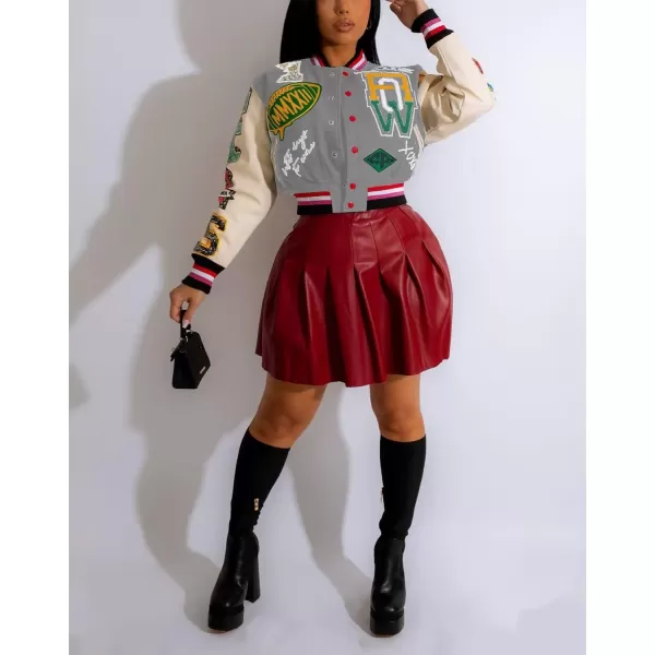 IyMoo Bomber Jackets for Women Long Sleeve Casual Button Down Cropped Baseball Jacket with Pockets Clubwear S2XLA3 Grey