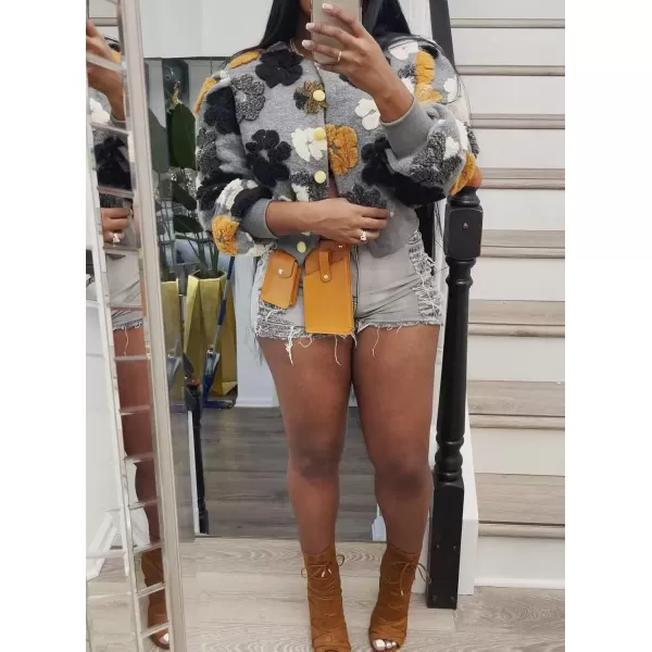 IyMoo Bomber Jackets for Women Long Sleeve Casual Fleece Button Down Cropped Baseball Jacket Clubwear S2XLA1 Grey