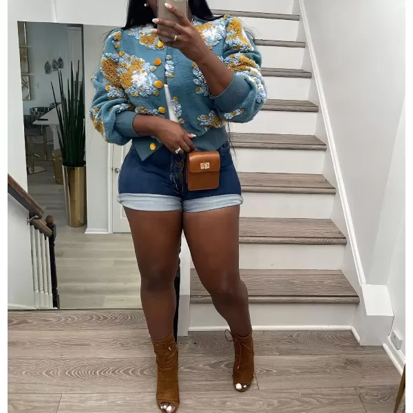 IyMoo Bomber Jackets for Women Long Sleeve Casual Fleece Button Down Cropped Baseball Jacket Clubwear S2XLA1 Lightblue