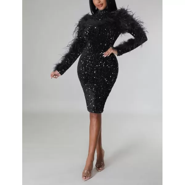 IyMoo Sequin Dress for Women Sexy Bodycon Long Sleeve Feather Sparkly Pencil Midi Dresses ClubwearA1 Black