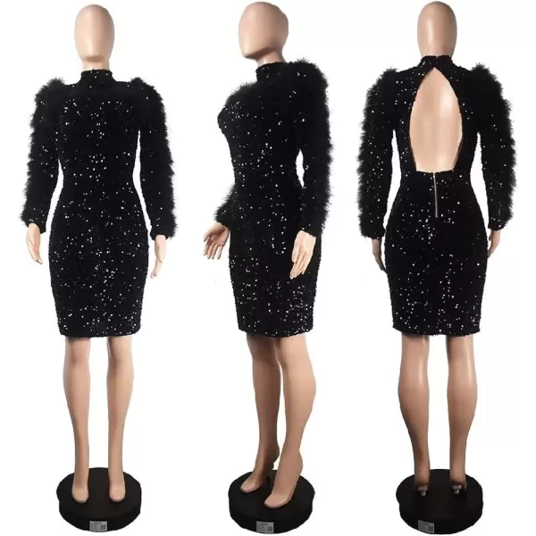 IyMoo Sequin Dress for Women Sexy Bodycon Long Sleeve Feather Sparkly Pencil Midi Dresses ClubwearA1 Black